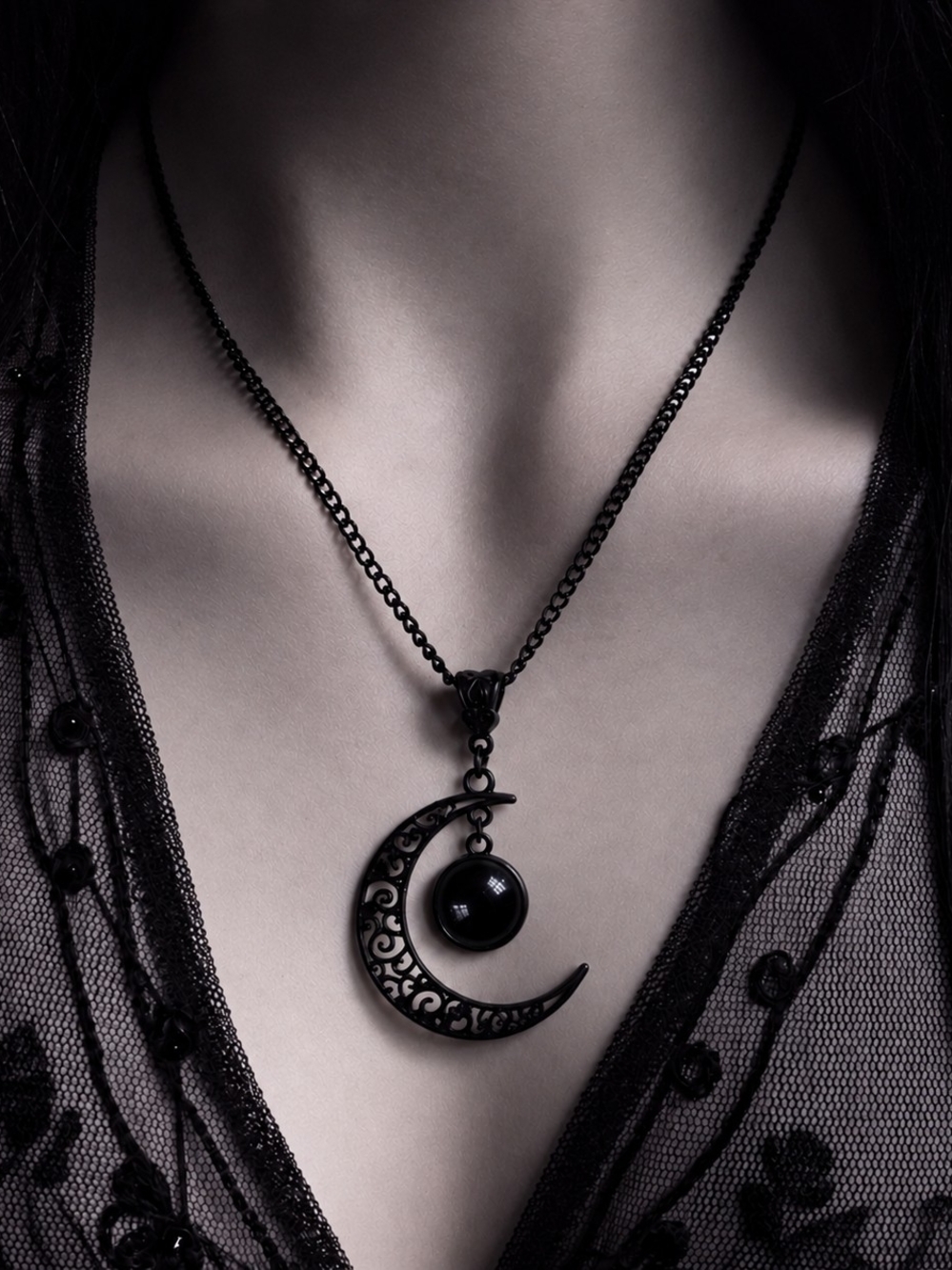 Black Crescent Moon Pendant Necklace – Gothic Filigree Jewelry